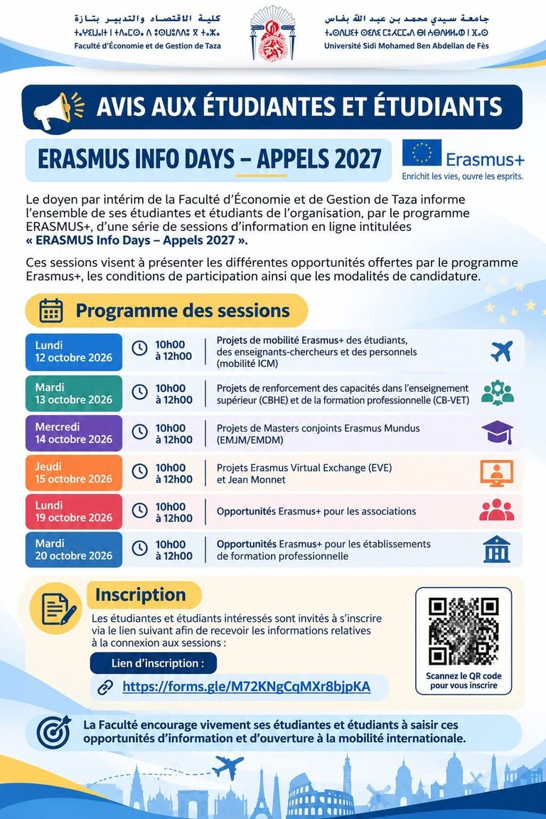 Avis aux étudiantes et étudiants : ERASMUS Info Days – Appels 2027